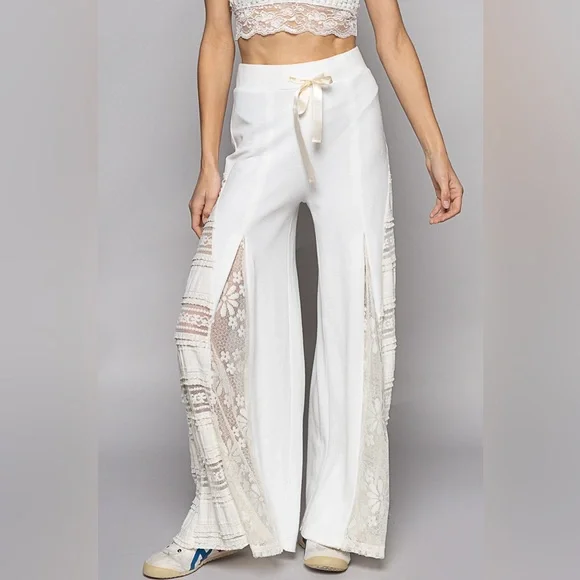 43. POL LAST 1! Wide Leg Pant & Lace Dress Top Women's White Drawstring - Picture 5 of 6